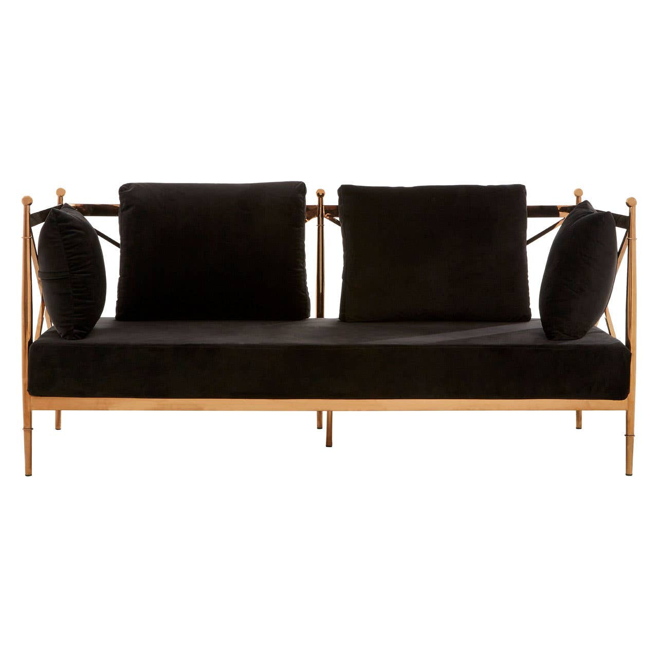 Two-seater sofa featuring a sleek black velvet upholstery and a stylish rose gold frame, with two plush back cushions and two round accent pillows for added comfort. The design showcases clean lines and a modern aesthetic, making it a chic addition to any living space