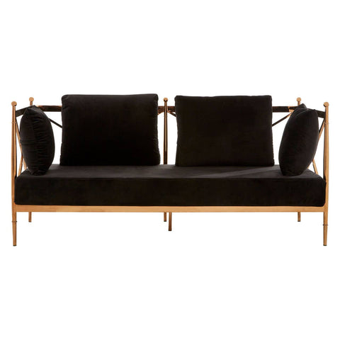 Two-seater sofa featuring a sleek black velvet upholstery and a stylish rose gold frame, with two plush back cushions and two round accent pillows for added comfort. The design showcases clean lines and a modern aesthetic, making it a chic addition to any living space
