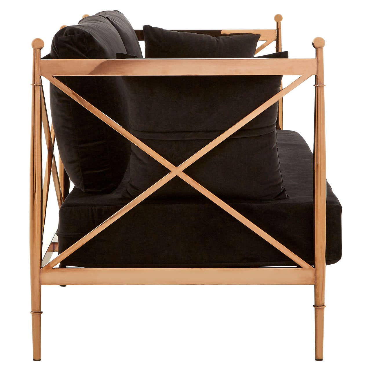 Black velvet two-seater sofa with a rose gold frame, featuring a sleek design and plush cushions, viewed from the back showing the crossbar support structure