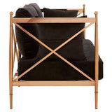 Black velvet two-seater sofa with a rose gold frame, featuring a sleek design and plush cushions, viewed from the back showing the crossbar support structure