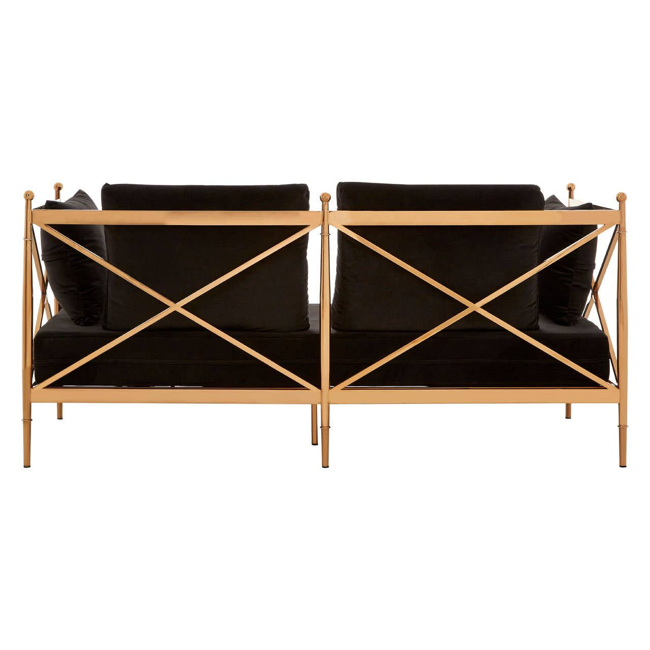 Two-seater sofa featuring a sleek black velvet upholstery and a stylish rose gold frame, showcasing a modern design with a crisscross pattern on the backrest. The sofa is positioned to display its back, highlighting the elegant combination of materials and craftsmanship