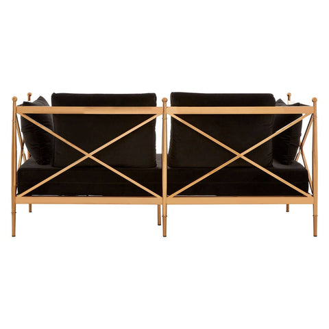 Two-seater sofa featuring a sleek black velvet upholstery and a stylish rose gold frame, showcasing a modern design with a crisscross pattern on the backrest. The sofa is positioned to display its back, highlighting the elegant combination of materials and craftsmanship