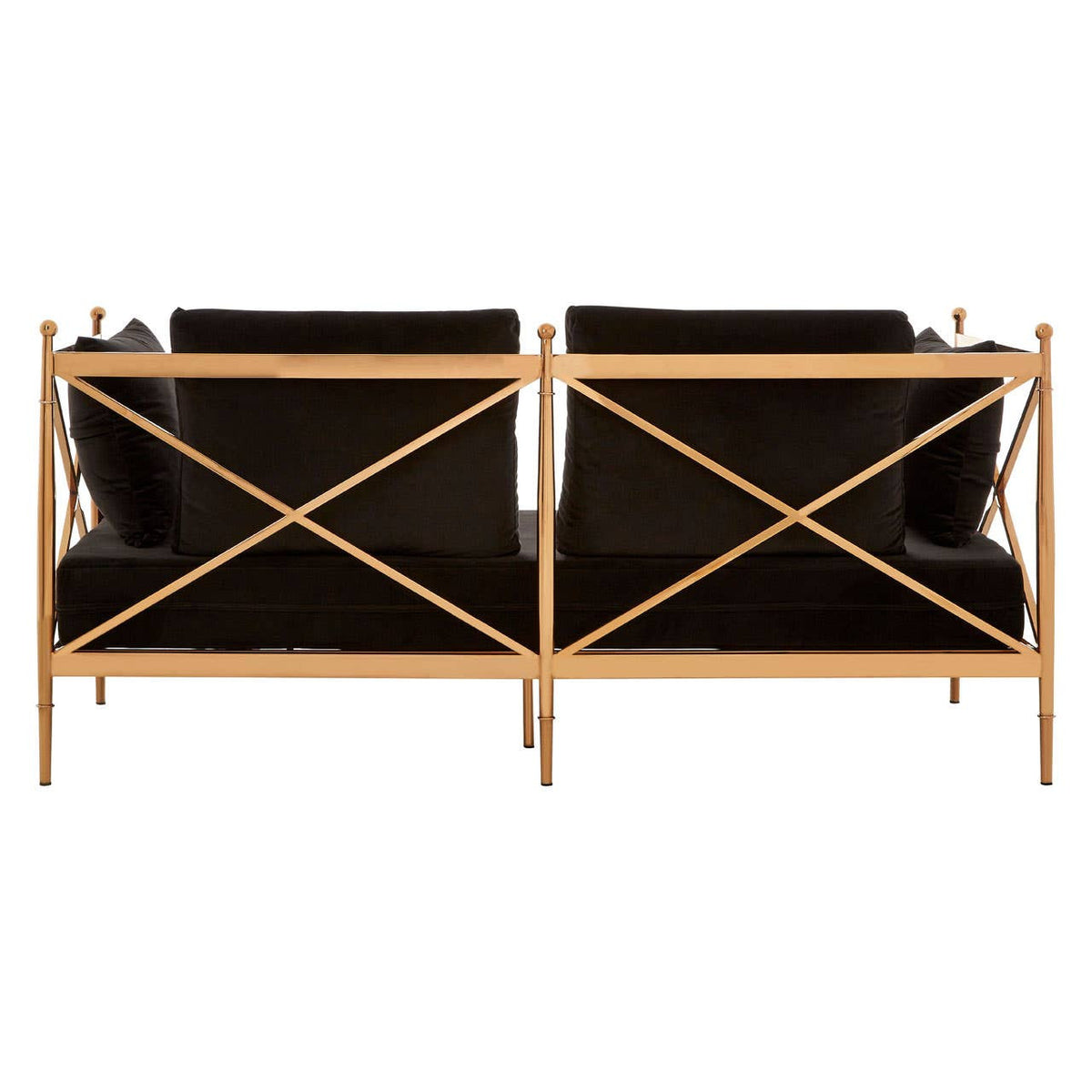 Two-seater sofa featuring a sleek black velvet upholstery and a stylish rose gold frame, showcasing a modern design with a crisscross pattern on the backrest. The sofa is positioned to display its back, highlighting the elegant combination of materials and craftsmanship