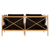 Two-seater sofa featuring a sleek black velvet upholstery and a stylish rose gold frame, showcasing a modern design with a crisscross pattern on the backrest. The sofa is positioned to display its back, highlighting the elegant combination of materials and craftsmanship