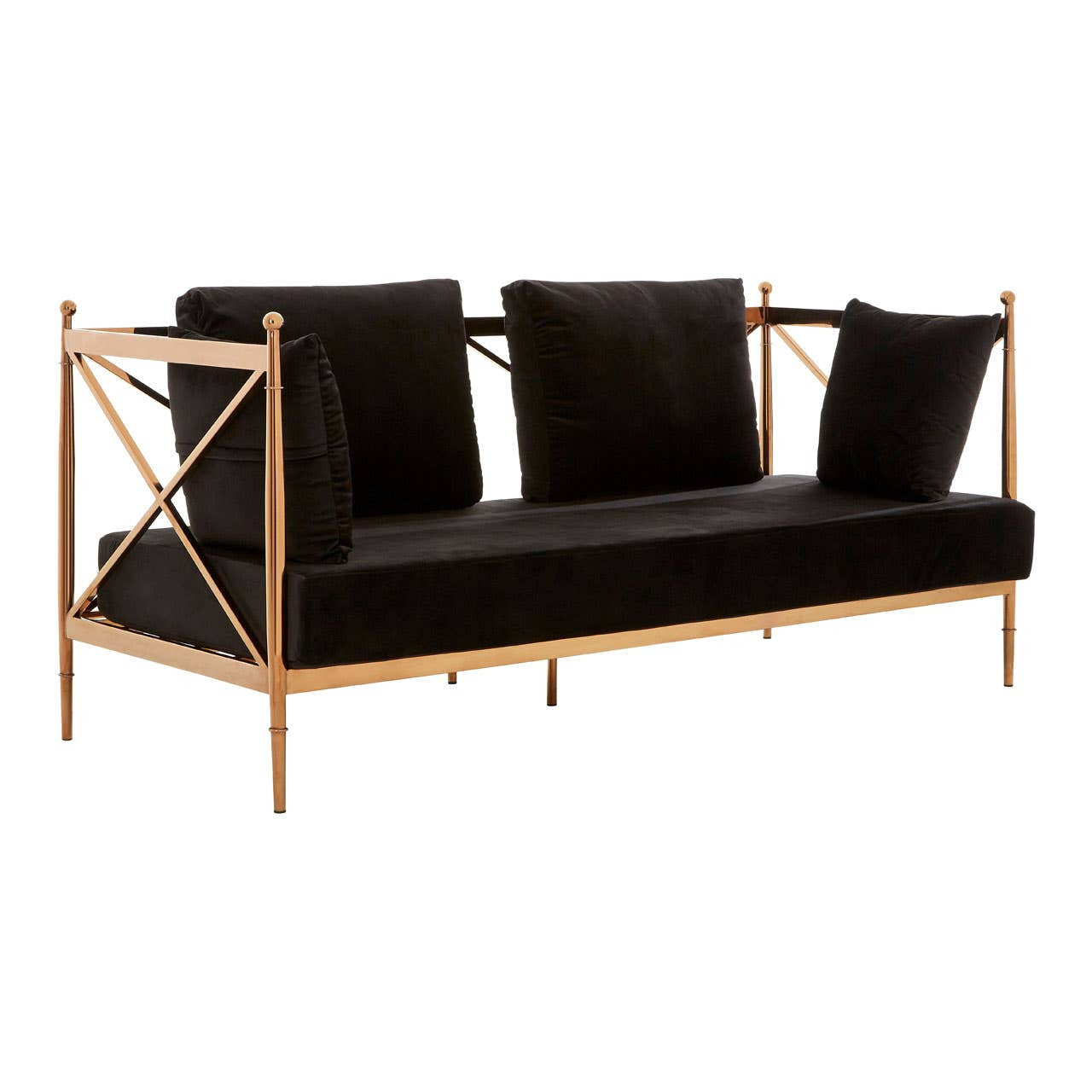 A two-seater sofa featuring a sleek black velvet upholstery with a modern rose gold frame. The sofa has a minimalist design with a cross-back detail and includes two plush cushions for added comfort. The overall aesthetic is elegant and contemporary, suitable for various interior styles