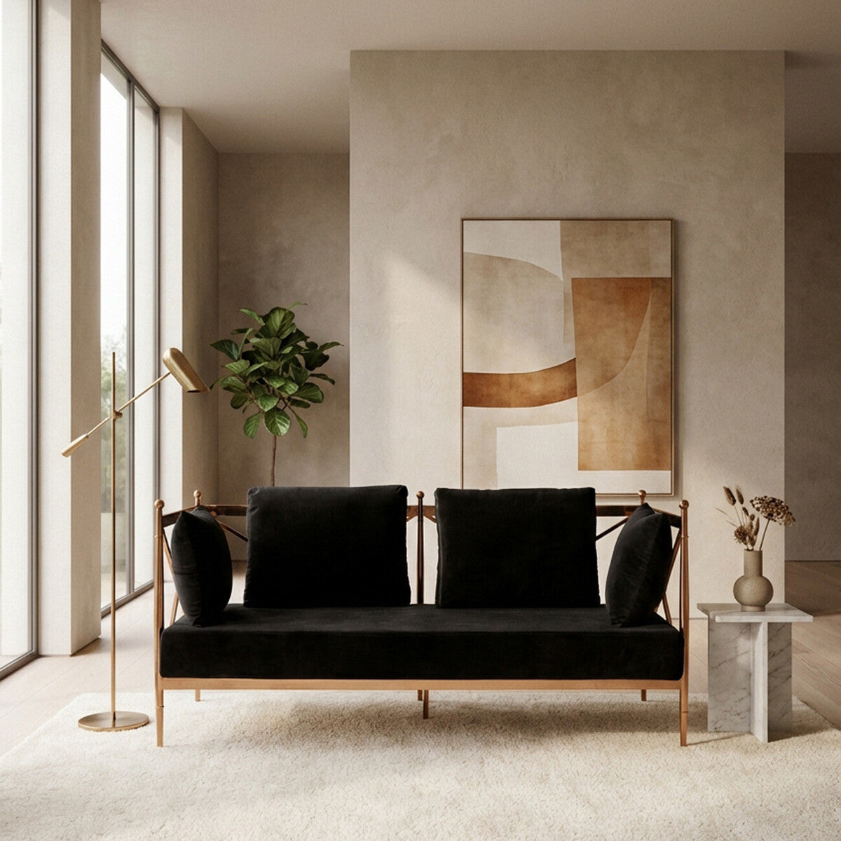 A stylish two-seater sofa featuring a black velvet upholstery and a sleek rose gold frame, positioned in a modern living space with large windows, a potted plant, and a decorative mirror on the wall. The overall ambiance is contemporary and elegant