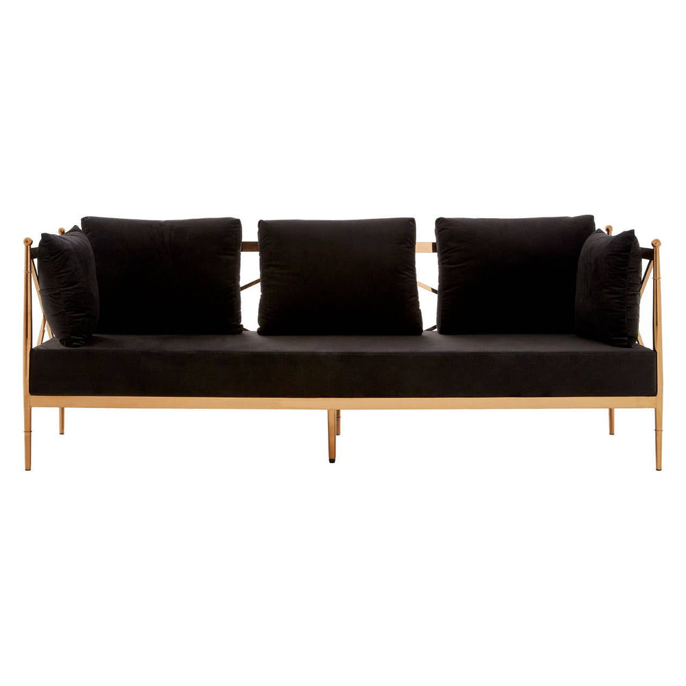 A sleek three-seater sofa featuring a luxurious black velvet upholstery and a stylish rose gold frame. The sofa has three plush cushions for added comfort, with a minimalist design that highlights its elegant lines and modern aesthetic