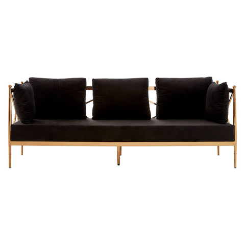 A sleek three-seater sofa featuring a luxurious black velvet upholstery and a stylish rose gold frame. The sofa has three plush cushions for added comfort, with a minimalist design that highlights its elegant lines and modern aesthetic