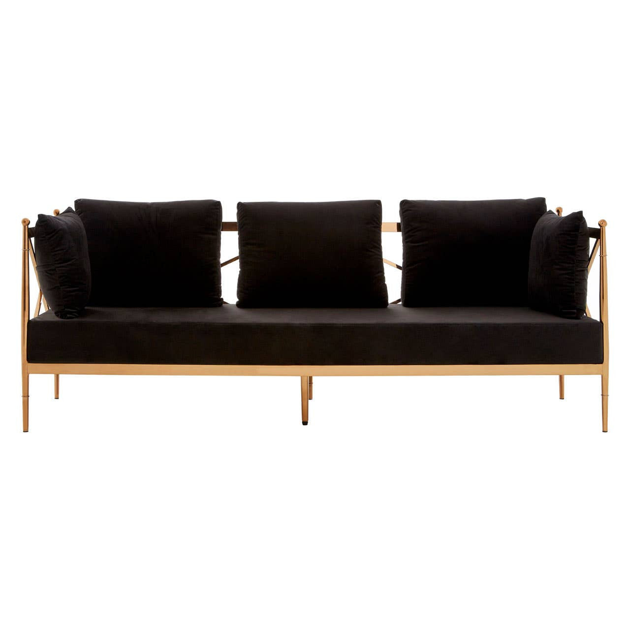 A sleek three-seater sofa featuring a luxurious black velvet upholstery and a stylish rose gold frame. The sofa has three plush cushions for added comfort, with a minimalist design that highlights its elegant lines and modern aesthetic