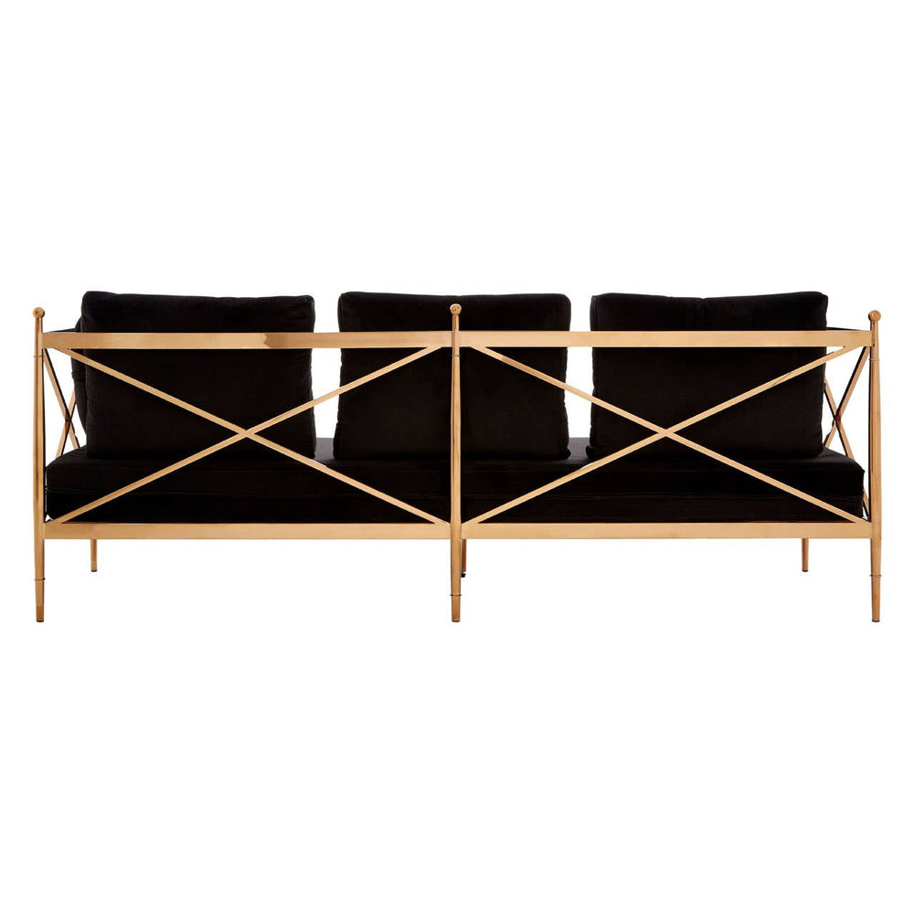 Three-seater sofa featuring a sleek black velvet upholstery and a stylish rose gold frame, showcasing a modern design with a crisscross pattern on the backrest. The sofa is positioned upright, highlighting its elegant silhouette and plush cushions