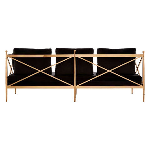 Three-seater sofa featuring a sleek black velvet upholstery and a stylish rose gold frame, showcasing a modern design with a crisscross pattern on the backrest. The sofa is positioned upright, highlighting its elegant silhouette and plush cushions