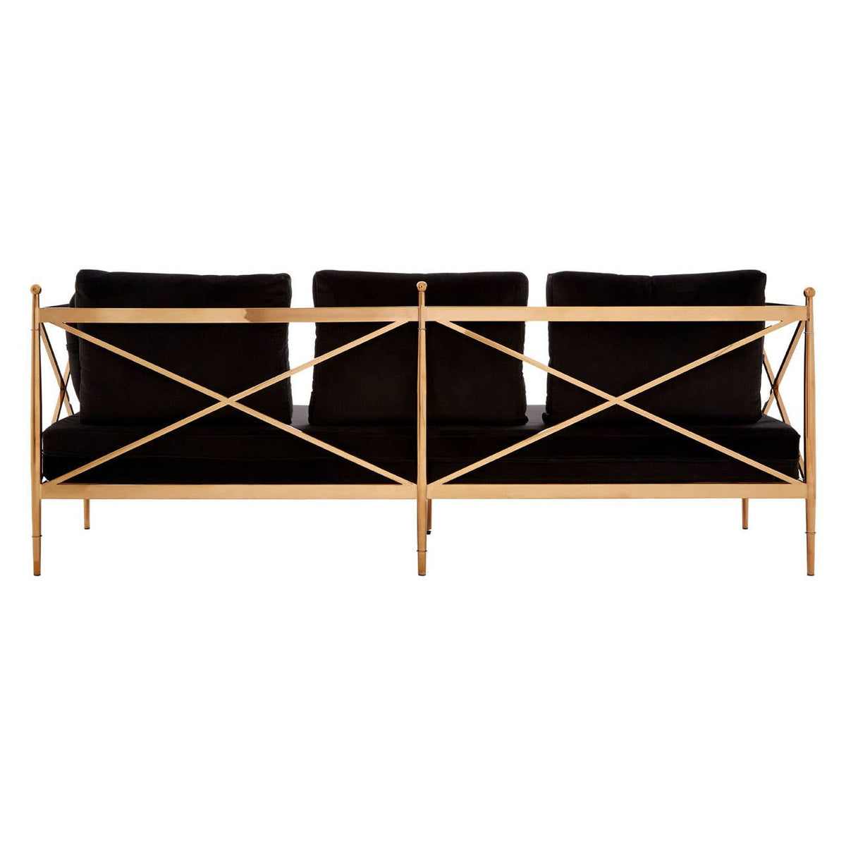 Three-seater sofa featuring a sleek black velvet upholstery and a stylish rose gold frame, showcasing a modern design with a crisscross pattern on the backrest. The sofa is positioned upright, highlighting its elegant silhouette and plush cushions