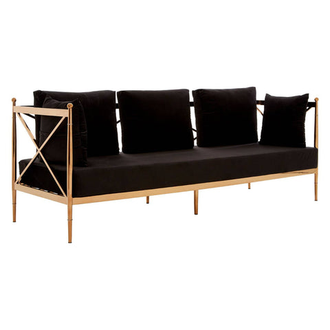 Three-seater sofa featuring a sleek black velvet upholstery and a stylish rose gold frame. The sofa has a modern design with plush back cushions and two smaller accent pillows, providing both comfort and elegance. The frame includes a distinctive crossbar detail on the sides, enhancing its contemporary aesthetic