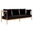 Three-seater sofa featuring a sleek black velvet upholstery and a stylish rose gold frame. The sofa has a modern design with plush back cushions and two smaller accent pillows, providing both comfort and elegance. The frame includes a distinctive crossbar detail on the sides, enhancing its contemporary aesthetic