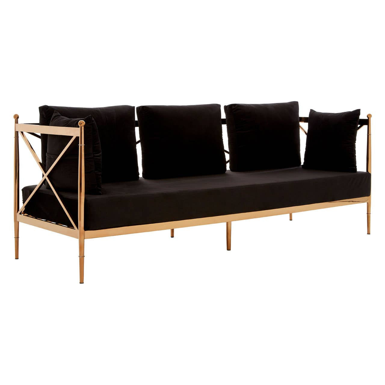 Three-seater sofa featuring a sleek black velvet upholstery and a stylish rose gold frame. The sofa has a modern design with plush back cushions and two smaller accent pillows, providing both comfort and elegance. The frame includes a distinctive crossbar detail on the sides, enhancing its contemporary aesthetic