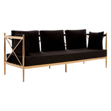 Three-seater sofa featuring a sleek black velvet upholstery and a stylish rose gold frame. The sofa has a modern design with plush back cushions and two smaller accent pillows, providing both comfort and elegance. The frame includes a distinctive crossbar detail on the sides, enhancing its contemporary aesthetic