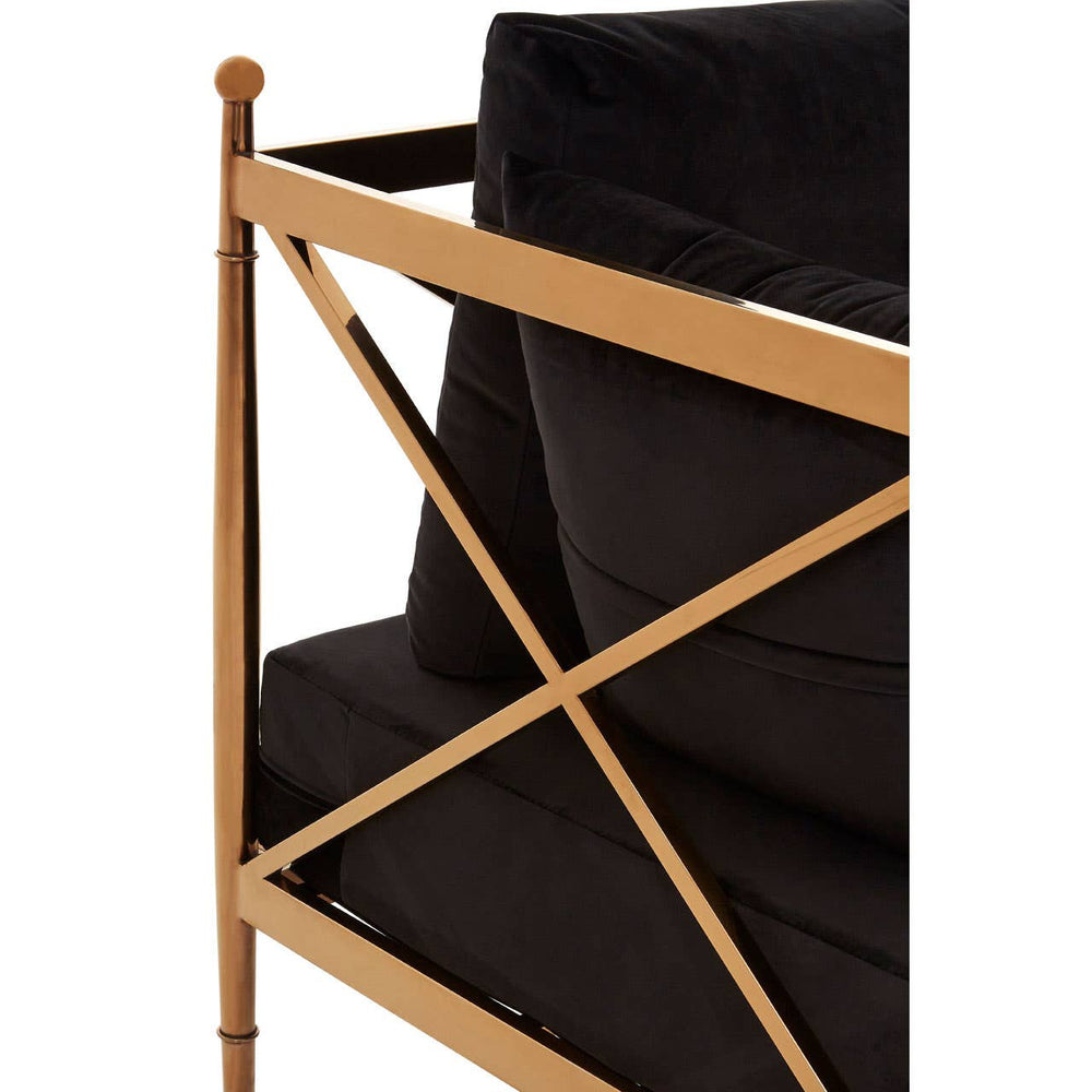 Black velvet three-seater sofa featuring a sleek rose gold frame with a crisscross design on the backrest. The cushions are plush and upholstered in soft black fabric, providing a modern and elegant look suitable for any living space