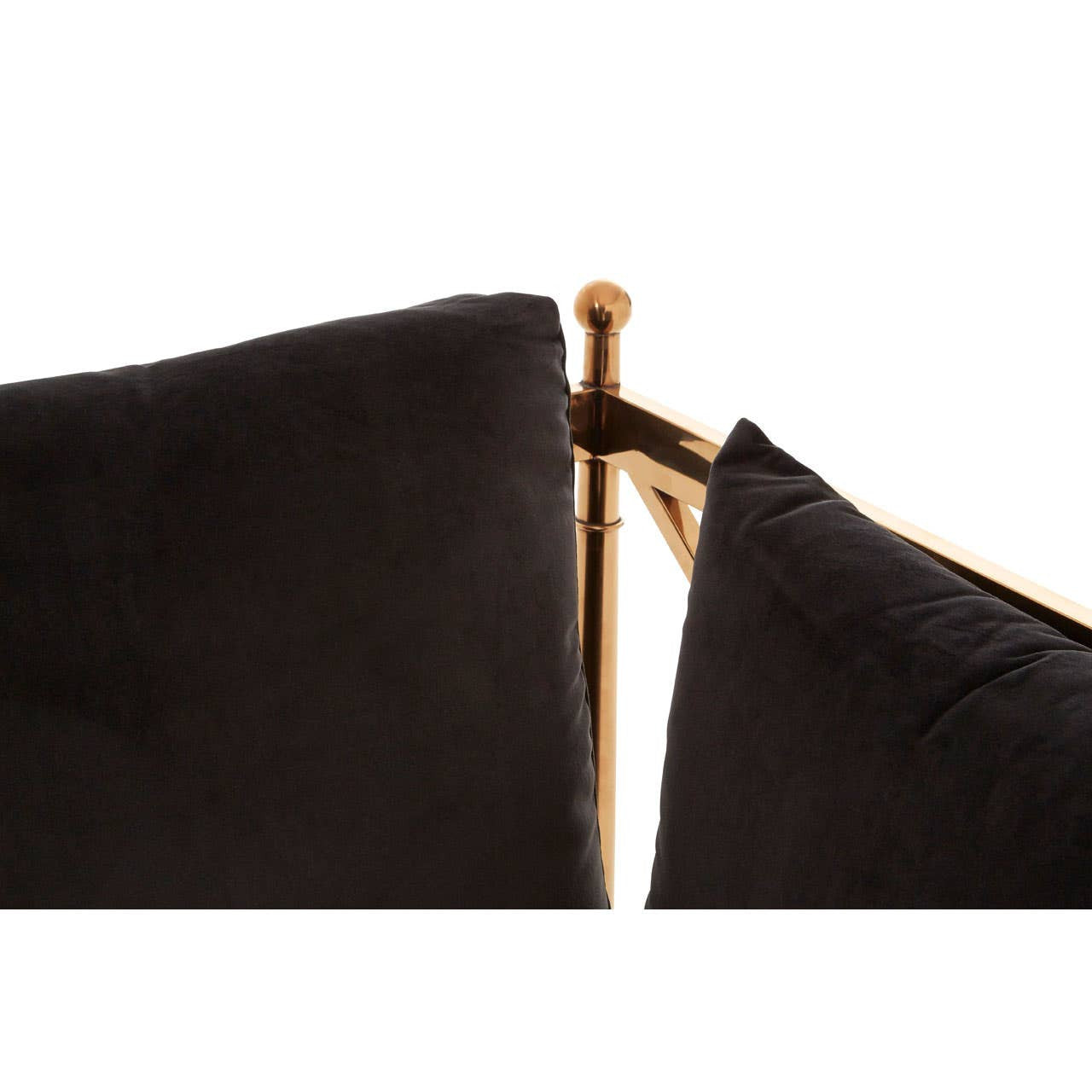 Black velvet upholstery with a sleek rose gold frame, showcasing the corner detail of a three-seater sofa. The fabric appears soft and luxurious, while the metallic accents add a modern touch