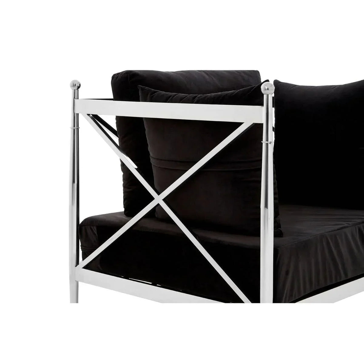 Chrome metal sofa frame with black velvet cushions and cross-brace side detail