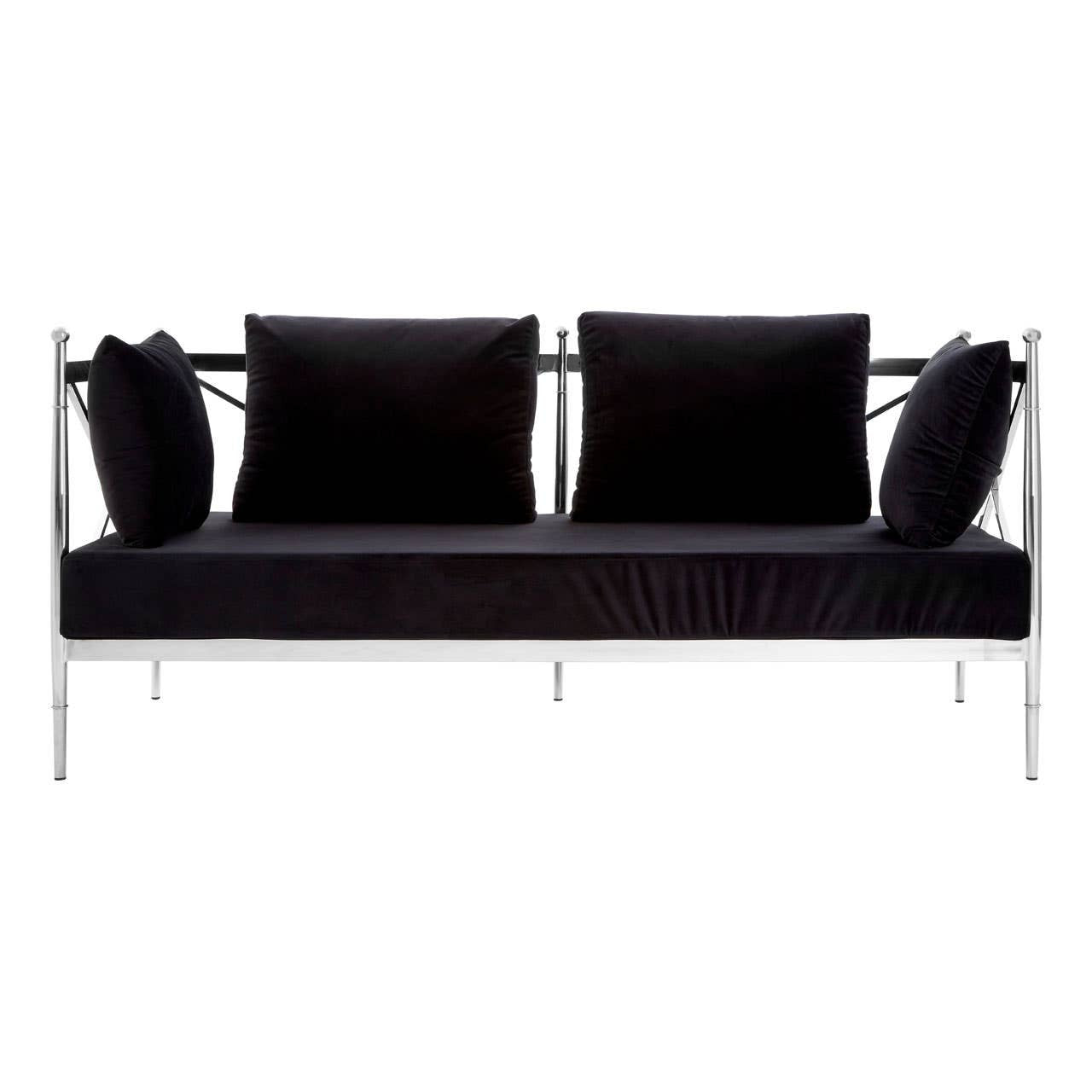 A sleek two-seater sofa featuring a black velvet upholstery and a shiny silver metal frame. The sofa has two plush back cushions and two additional side cushions, all in matching black velvet, providing a modern and elegant look suitable for contemporary living spaces