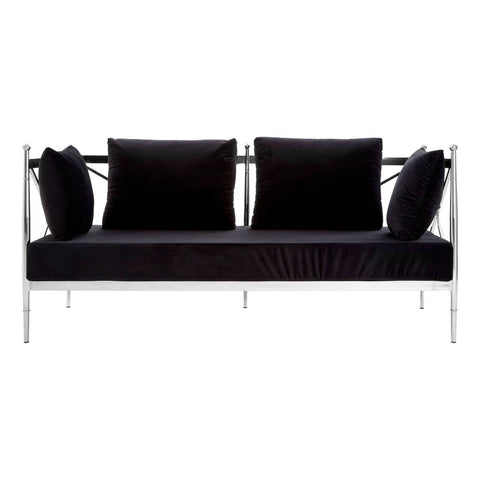 A sleek two-seater sofa featuring a black velvet upholstery and a shiny silver metal frame. The sofa has two plush back cushions and two additional side cushions, all in matching black velvet, providing a modern and elegant look suitable for contemporary living spaces
