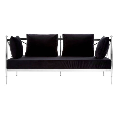 A sleek two-seater sofa featuring a black velvet upholstery and a shiny silver metal frame. The sofa has two plush back cushions and two additional side cushions, all in matching black velvet, providing a modern and elegant look suitable for contemporary living spaces