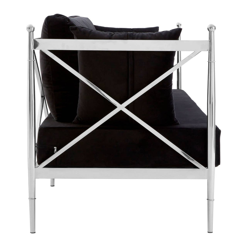 Black velvet two-seater sofa featuring a sleek silver frame with a cross-back design, showcasing plush cushions and a modern aesthetic. The sofa is viewed from the back, highlighting the elegant structure and luxurious fabric