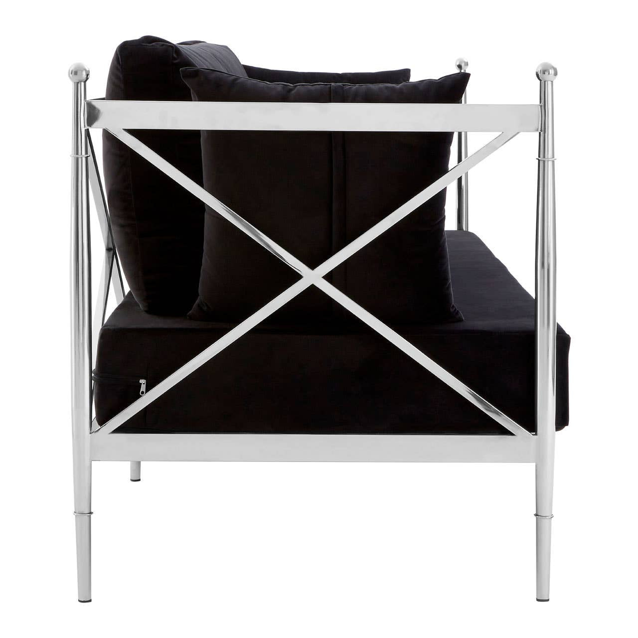 Black velvet two-seater sofa featuring a sleek silver frame with a cross-back design, showcasing plush cushions and a modern aesthetic. The sofa is viewed from the back, highlighting the elegant structure and luxurious fabric