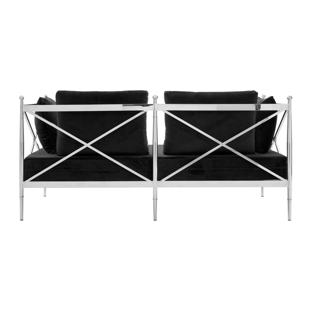 A sleek two-seater sofa featuring a black velvet upholstery and a shiny silver metal frame, showcasing a modern design with an X-shaped backrest. The cushions are plush and inviting, providing a stylish and comfortable seating option