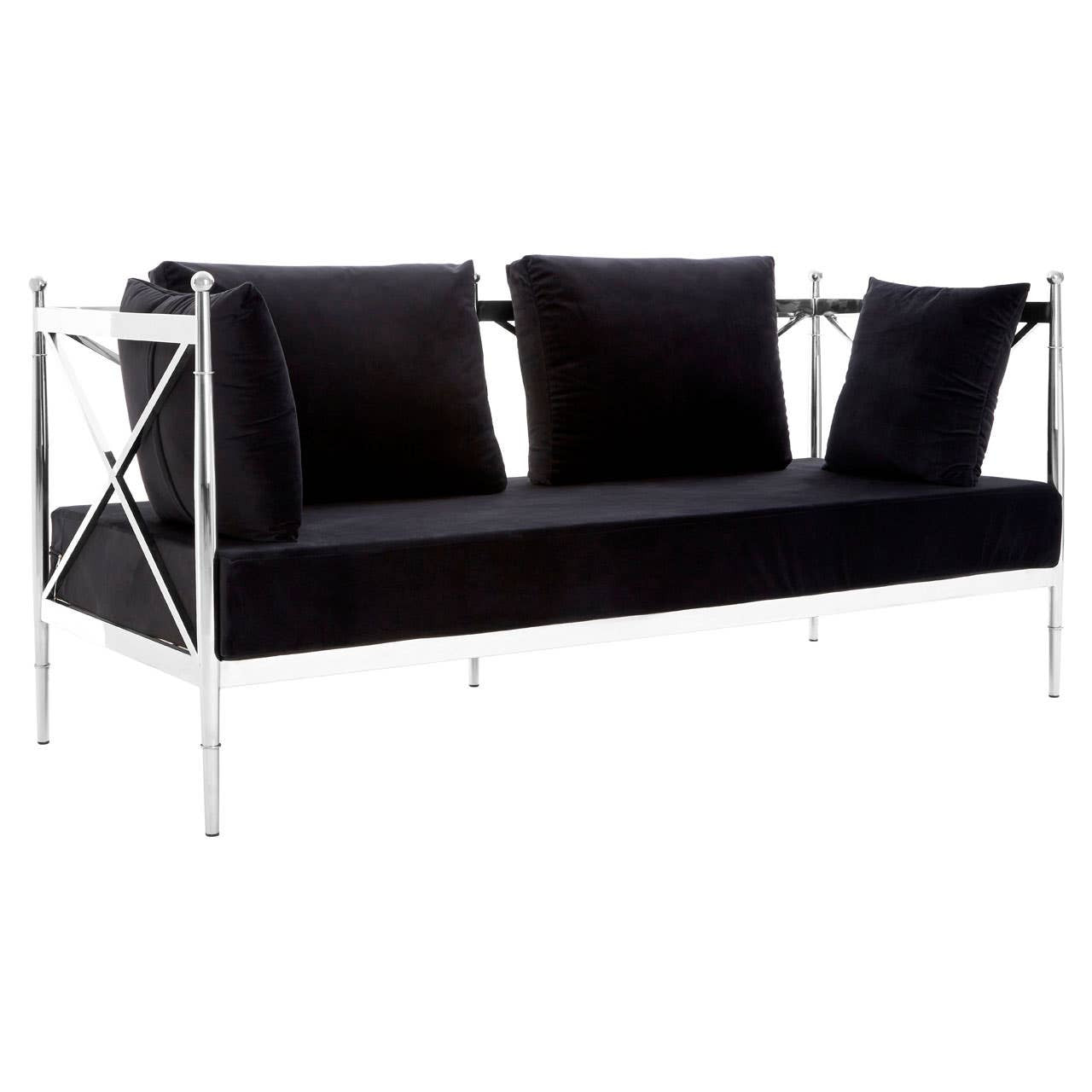 Black velvet two-seater sofa with a sleek silver frame, featuring three plush back cushions and a minimalist design. The sofa has a modern aesthetic, showcasing clean lines and a contemporary style