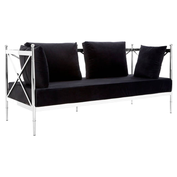 Black velvet two-seater sofa with a sleek silver frame, featuring three plush back cushions and a minimalist design. The sofa has a modern aesthetic, showcasing clean lines and a contemporary style