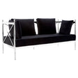 Black velvet two-seater sofa with a sleek silver frame, featuring three plush back cushions and a minimalist design. The sofa has a modern aesthetic, showcasing clean lines and a contemporary style