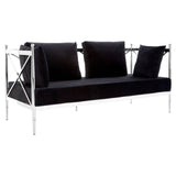 Black velvet two-seater sofa with a sleek silver frame, featuring three plush back cushions and a minimalist design. The sofa has a modern aesthetic, showcasing clean lines and a contemporary style