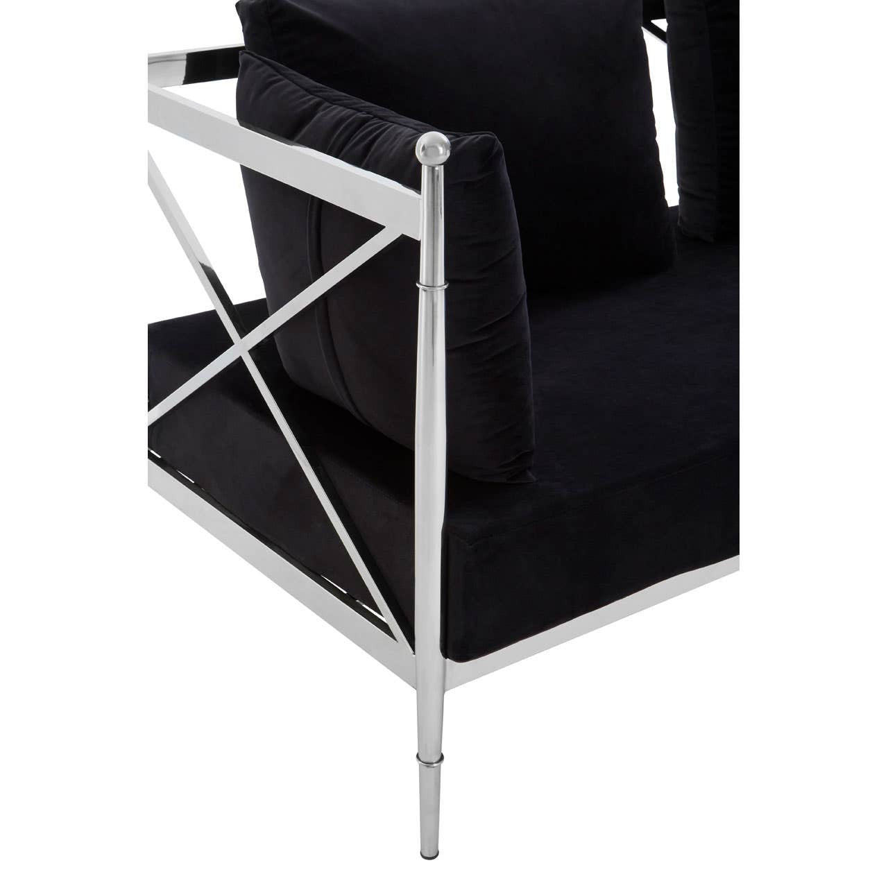 Black velvet two-seater sofa featuring a sleek silver frame with a modern design, showcasing a crossbar support structure and elegant legs. The upholstery is plush and inviting, adding a touch of luxury to any living space