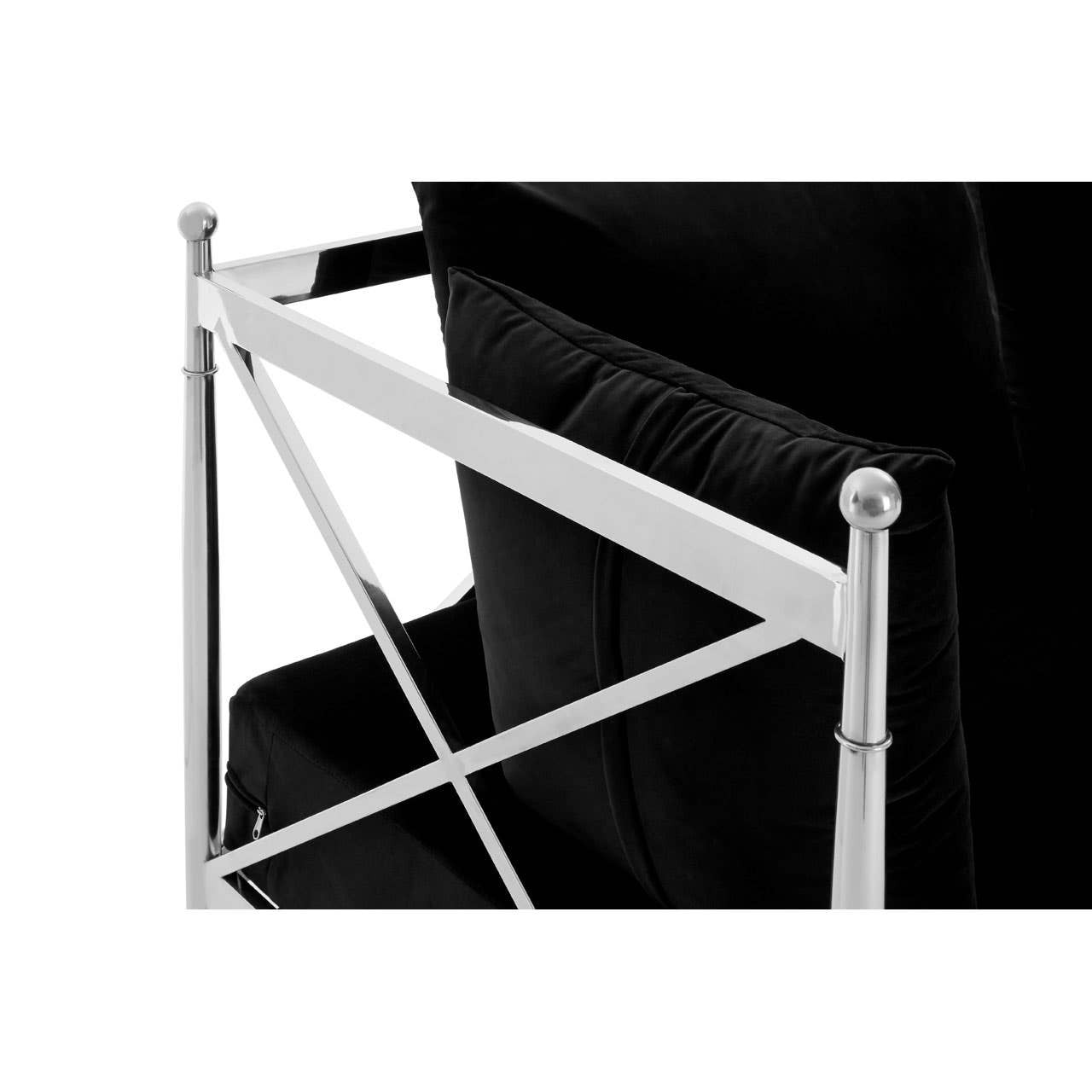 Close-up view of the backrest and frame of a two-seater sofa featuring a sleek black velvet upholstery and a shiny silver metal frame with a crisscross design. The sofa's elegant lines and modern aesthetic are highlighted by the contrast between the soft fabric and the metallic elements