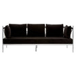Three-seater sofa upholstered in black velvet, featuring a sleek silver frame. The sofa has three plush back cushions and two round side cushions, all in matching black velvet. The overall design is modern and elegant, suitable for contemporary living spaces