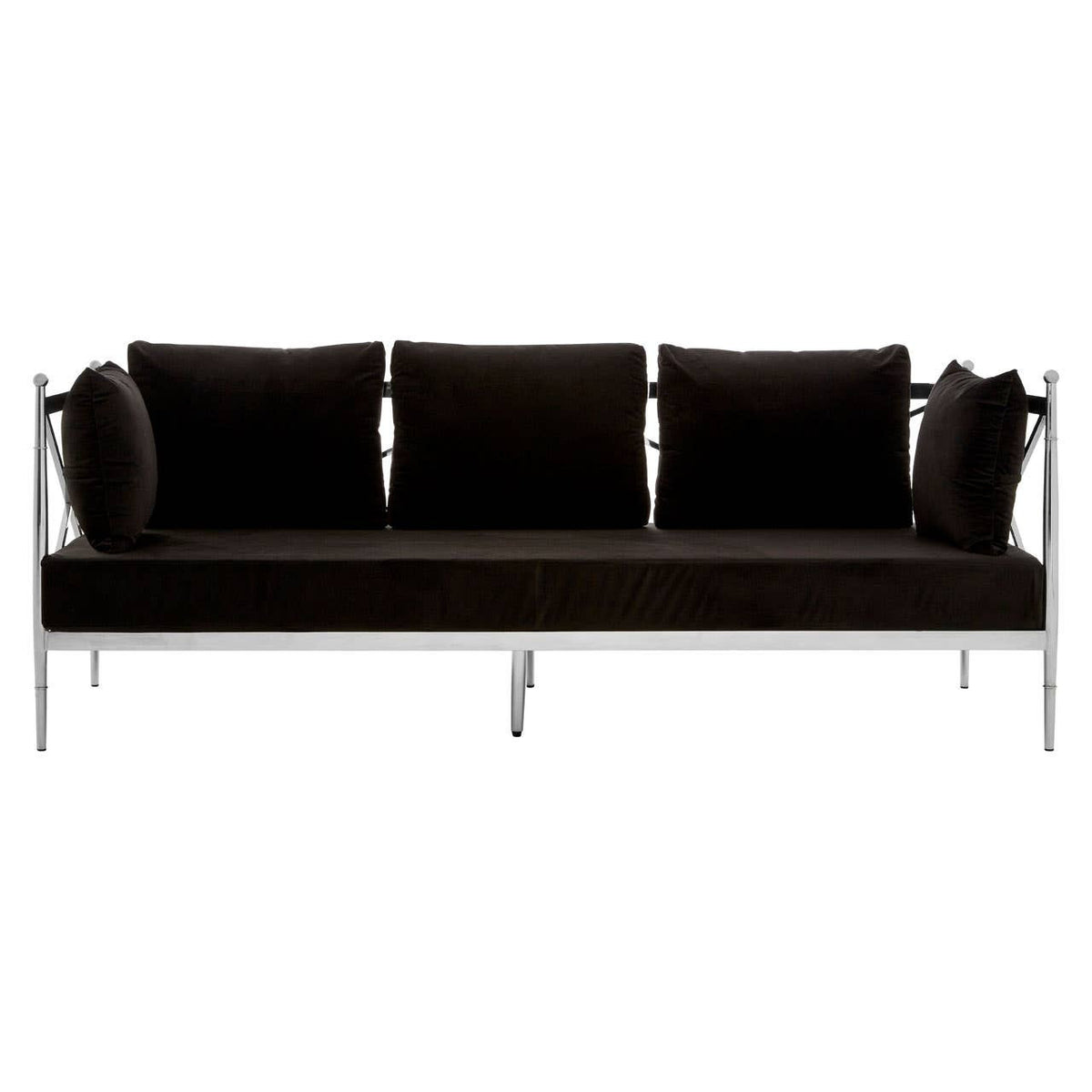 Three-seater sofa upholstered in black velvet, featuring a sleek silver frame. The sofa has three plush back cushions and two round side cushions, all in matching black velvet. The overall design is modern and elegant, suitable for contemporary living spaces