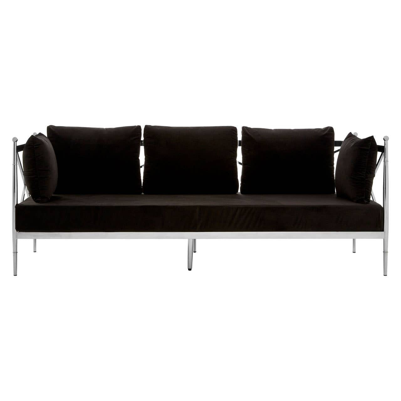 Three-seater sofa upholstered in black velvet, featuring a sleek silver frame. The sofa has three plush back cushions and two round side cushions, all in matching black velvet. The overall design is modern and elegant, suitable for contemporary living spaces