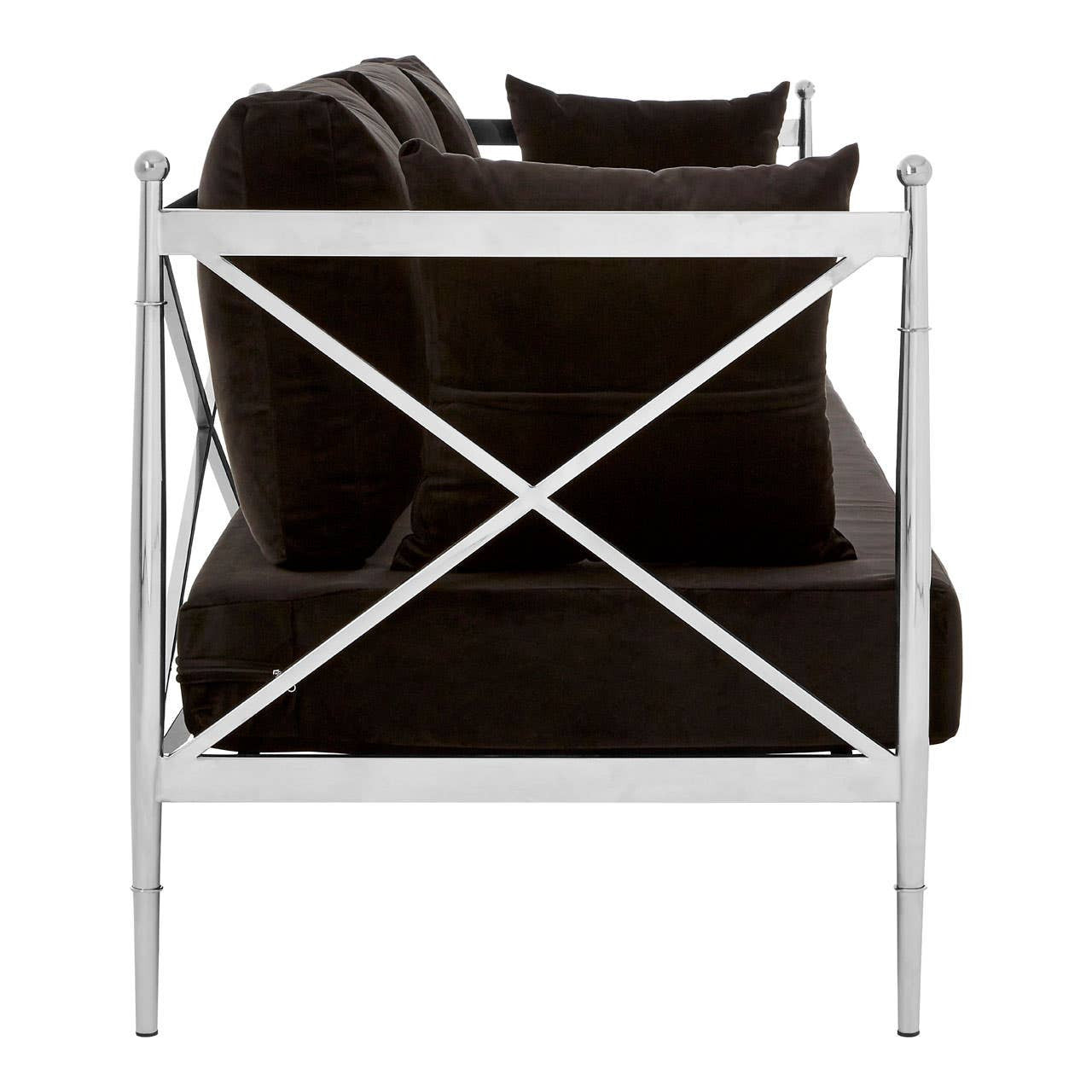 Black velvet three-seater sofa featuring a sleek silver frame, with a modern design and plush cushions. The back view showcases the elegant crossbar detailing of the frame and the soft texture of the upholstery