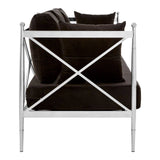 Black velvet three-seater sofa featuring a sleek silver frame, with a modern design and plush cushions. The back view showcases the elegant crossbar detailing of the frame and the soft texture of the upholstery