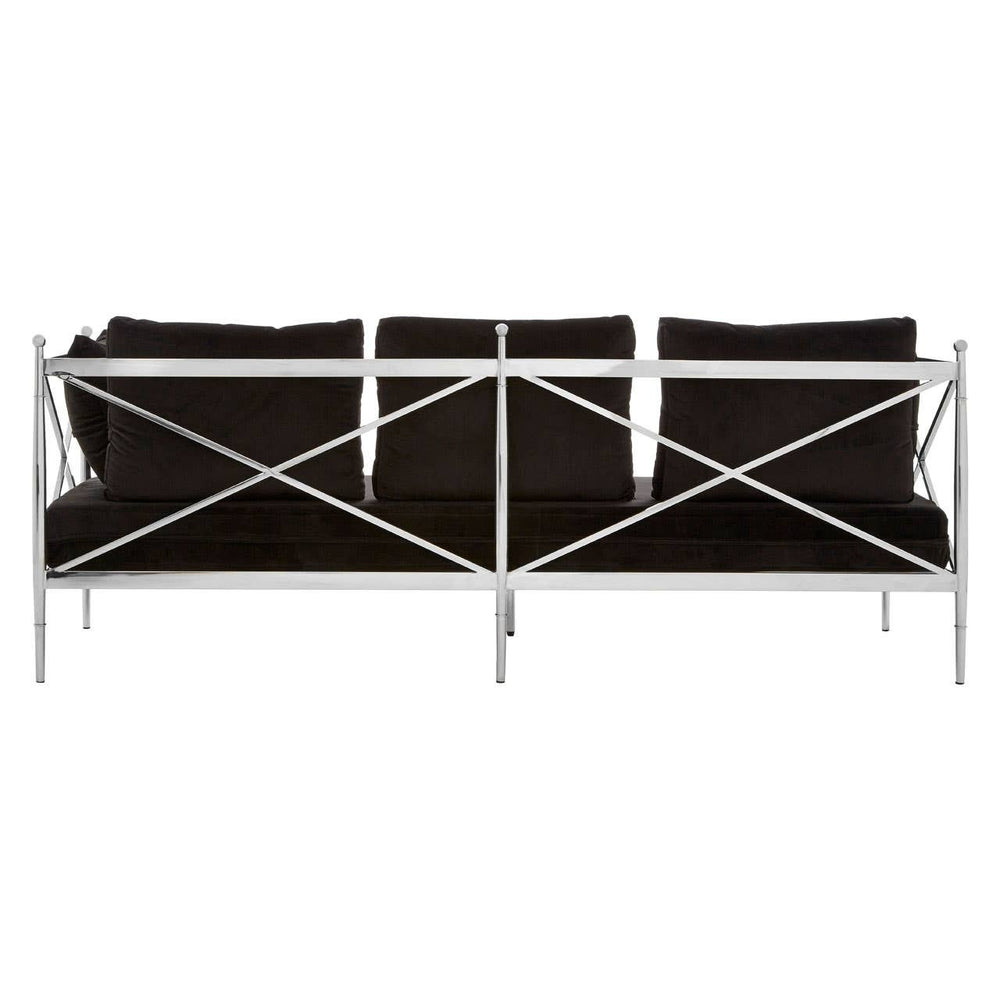 Three-seater sofa featuring a sleek black velvet upholstery and a modern silver metal frame with an X-shaped design on the back. The sofa has plush cushions for comfort and a contemporary aesthetic suitable for various interior styles