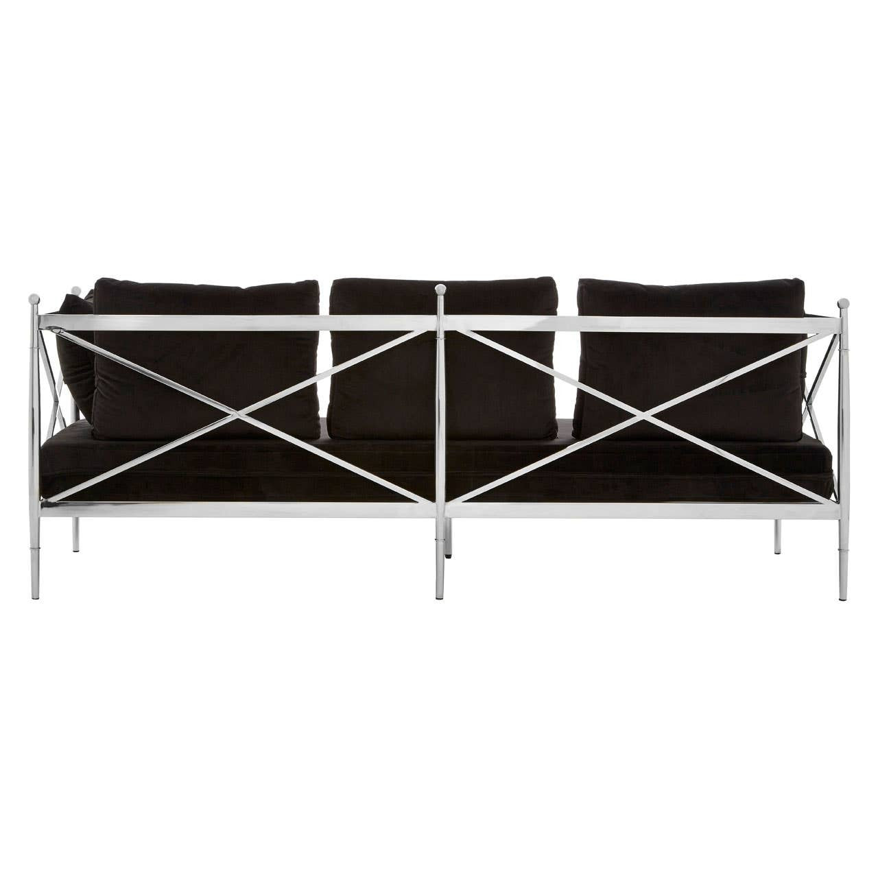 Three-seater sofa featuring a sleek black velvet upholstery and a modern silver metal frame with an X-shaped design on the back. The sofa has plush cushions for comfort and a contemporary aesthetic suitable for various interior styles