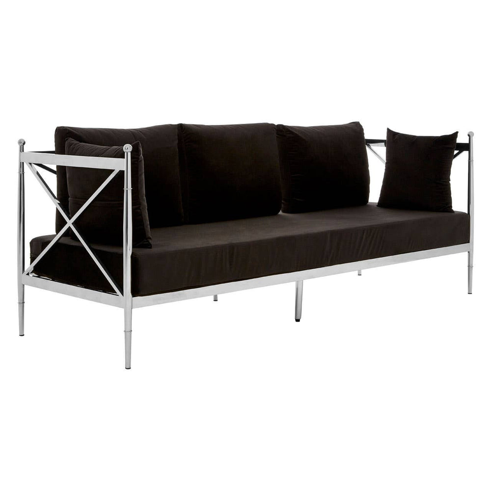 Black velvet three-seater sofa featuring a sleek silver metal frame with a modern design. The sofa has three plush cushions and two decorative pillows, providing a stylish and comfortable seating option. The frame includes an X-shaped design on the sides, enhancing its contemporary aesthetic