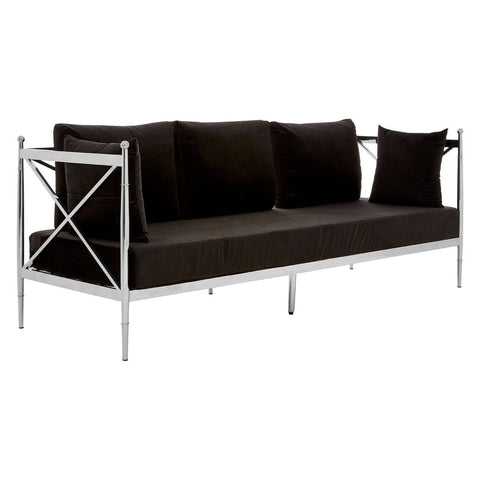 Black velvet three-seater sofa featuring a sleek silver metal frame with a modern design. The sofa has three plush cushions and two decorative pillows, providing a stylish and comfortable seating option. The frame includes an X-shaped design on the sides, enhancing its contemporary aesthetic