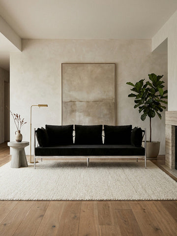 Black velvet three-seater sofa with a sleek silver frame, positioned against a light-colored wall. A large abstract artwork hangs above the sofa, and a potted plant is placed to the side. The floor features warm wooden tones, complemented by a light area rug