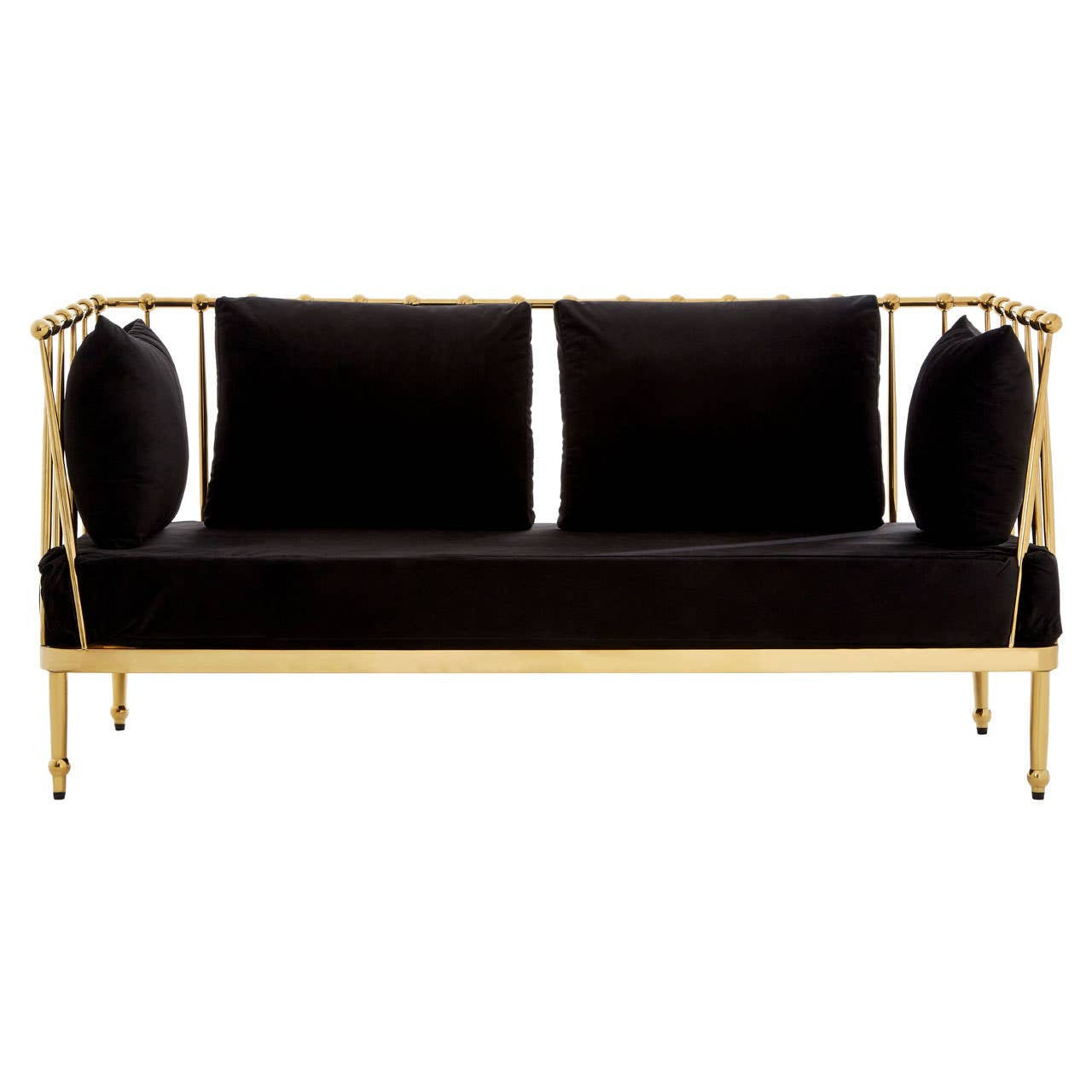 A sleek two-seater sofa featuring a luxurious black velvet upholstery and a striking gold metal frame. The design includes two round cushions on either side, enhancing its modern aesthetic. The legs are slender and gold, complementing the overall elegant look of the piece