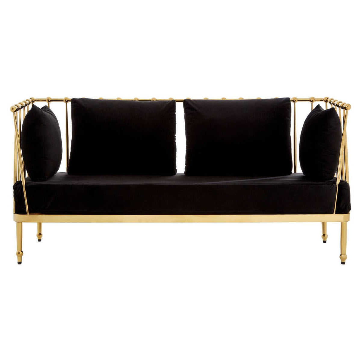 A sleek two-seater sofa featuring a luxurious black velvet upholstery and a striking gold metal frame. The design includes two round cushions on either side, enhancing its modern aesthetic. The legs are slender and gold, complementing the overall elegant look of the piece