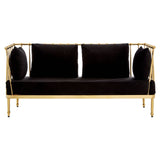 A sleek two-seater sofa featuring a luxurious black velvet upholstery and a striking gold metal frame. The design includes two round cushions on either side, enhancing its modern aesthetic. The legs are slender and gold, complementing the overall elegant look of the piece