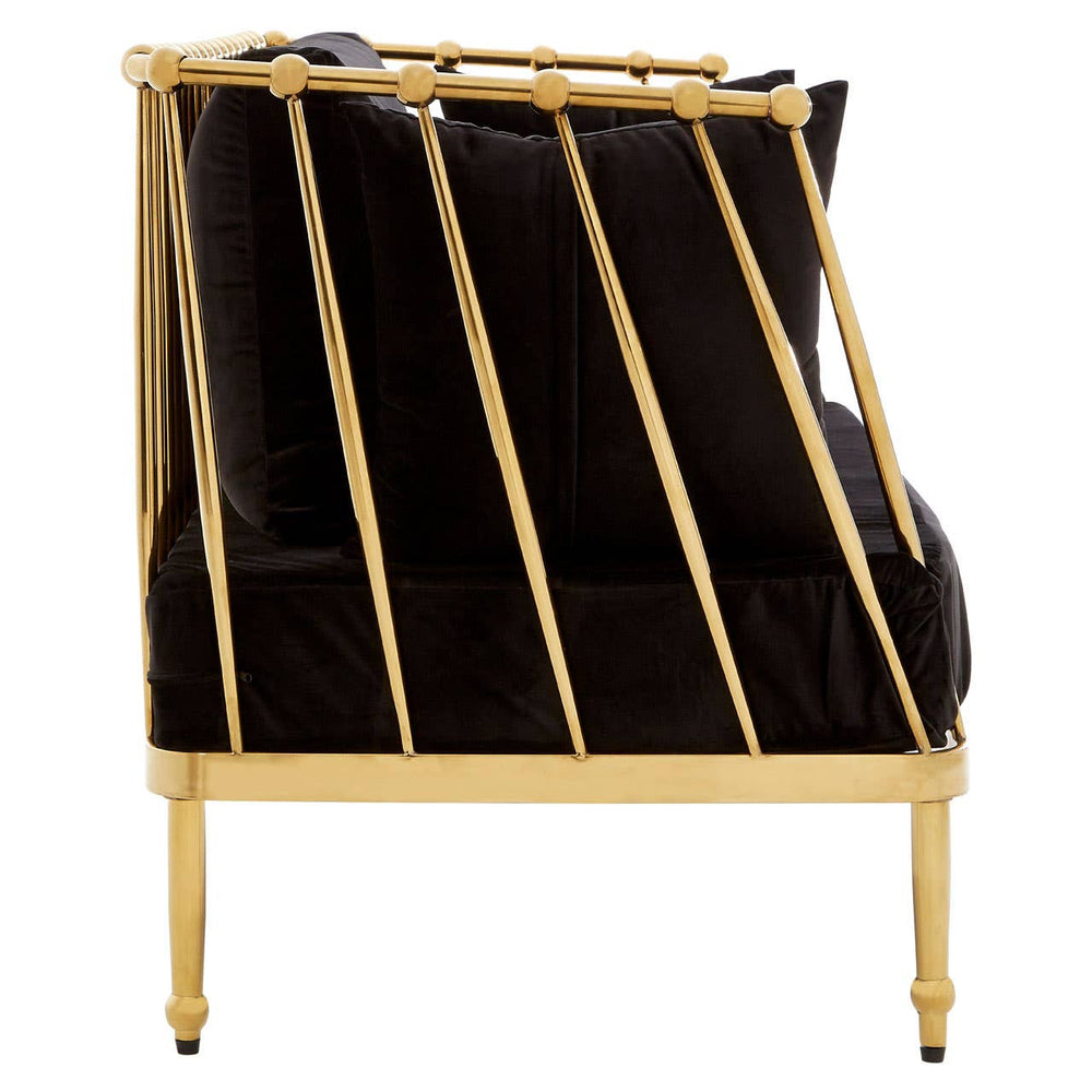 A sleek two-seater sofa featuring a luxurious black velvet upholstery and a striking gold frame. The design showcases a modern silhouette with vertical gold bars on the backrest, adding a contemporary touch. The legs are elegantly tapered, enhancing the overall sophisticated appearance