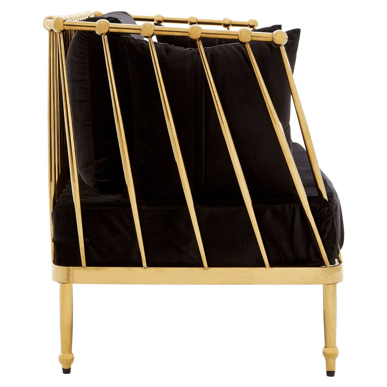 A sleek two-seater sofa featuring a luxurious black velvet upholstery and a striking gold frame. The design showcases a modern silhouette with vertical gold bars on the backrest, adding a contemporary touch. The legs are elegantly tapered, enhancing the overall sophisticated appearance